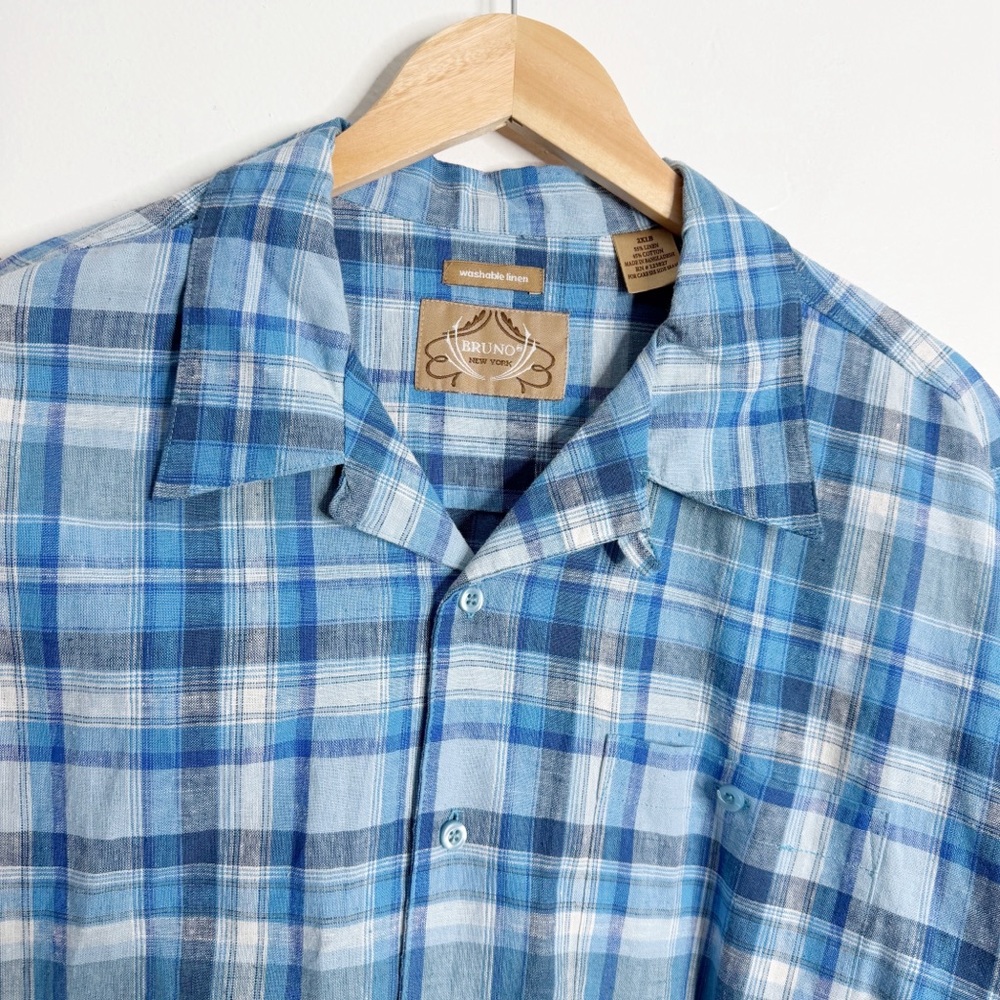 NWOT Bruno Men’s Linen Cotton‎ Blend Short Sleeves Blue Plaid Button Front 2XLB